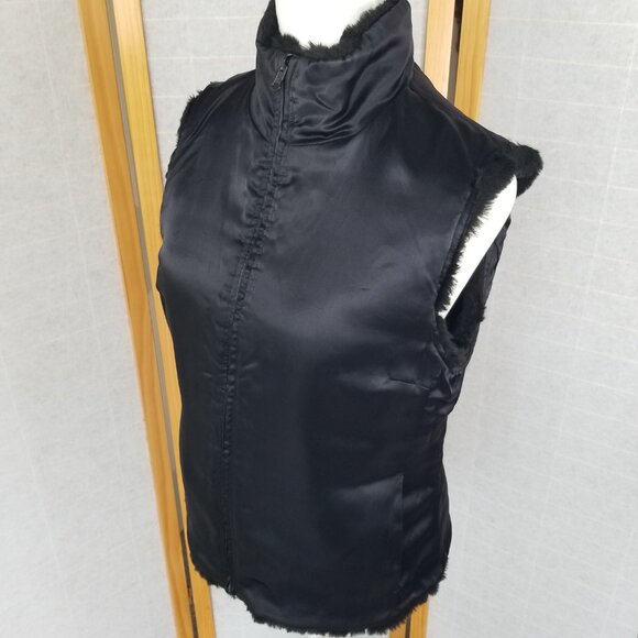1980s Express Black Faux Mink Vest Zip Up Reversible to Satin Size Medium - Picture 4 of 14